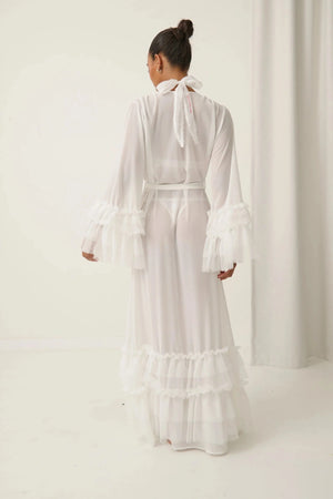 Marilyn Robe Ivory by Kat The Label, sheer chiffon robe with ruffle trim, perfect for bridal or lounge styling