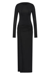 Andrea Long Sleeve Maxi Dress Black by Bec + Bridge – jersey maxi dress with straight neckline and gathered hip drape.
