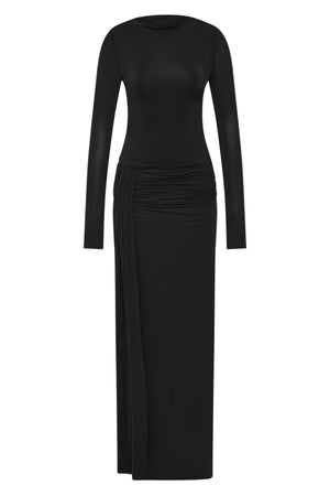 Andrea Long Sleeve Maxi Dress Black by Bec + Bridge – jersey maxi dress with straight neckline and gathered hip drape.