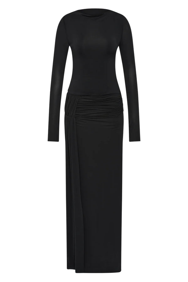 Andrea Long Sleeve Maxi Dress Black by Bec + Bridge – jersey maxi dress with straight neckline and gathered hip drape.