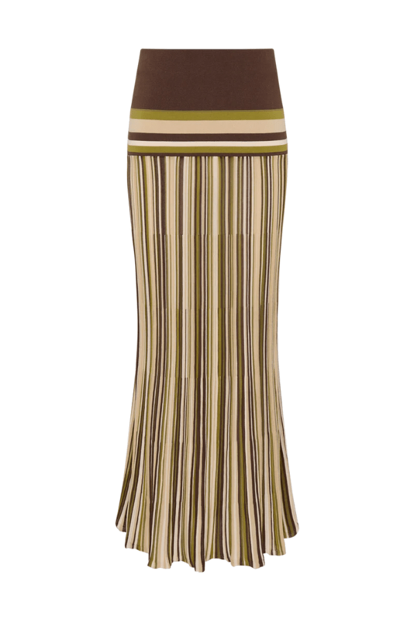 Faithfull the Brand Citara Skirt in Espresso Pine Stripe front view, a timeless maxi skirt with mid-rise and flared hem
