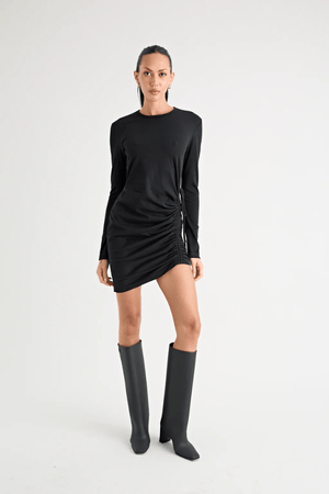 Rule Eight Dress Black by Pfeiffer – A trendy and versatile cotton mini dress with adjustable side ruching, crew neckline, and full sleeves. Perfect for stylish day-to-night wear.