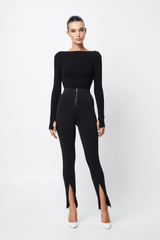 Camden Top Black by Mossman, soft double-layered ribbed jersey with boat neckline and thumb sleeves, perfect for trendy layering and chic day-to-night wear.