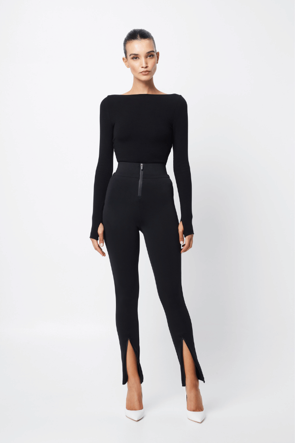 Camden Top Black by Mossman, soft double-layered ribbed jersey with boat neckline and thumb sleeves, perfect for trendy layering and chic day-to-night wear.