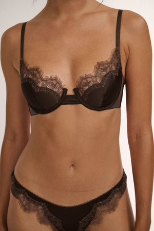 Sorrento Underwire in Espresso by Kat the Label, supportive satin underwire bra with eyelash lace detailing, perfect for offering comfort and timeless elegance.
