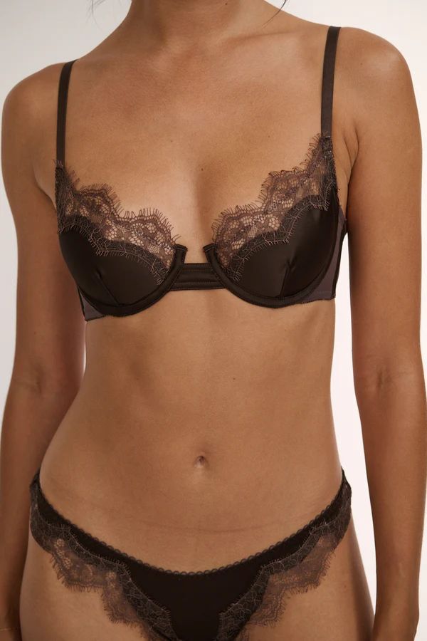Sorrento Underwire in Espresso by Kat the Label, supportive satin underwire bra with eyelash lace detailing, perfect for offering comfort and timeless elegance.