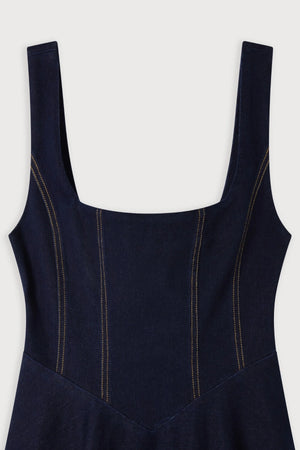Cotton Mix Denim Square Neck Midi Dress Dark Blue by Odd Muse, fitted denim midi dress, perfect for chic day to night styling