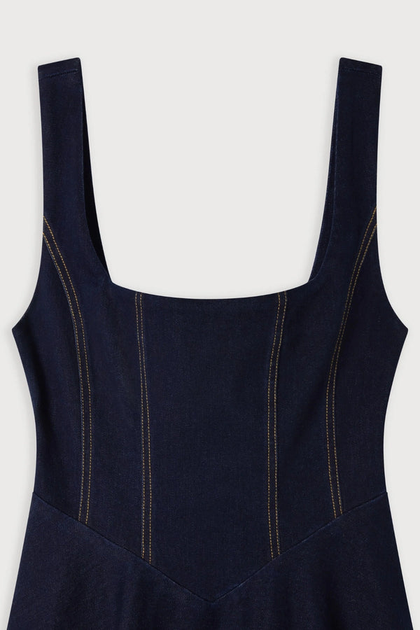 Cotton Mix Denim Square Neck Midi Dress Dark Blue by Odd Muse, fitted denim midi dress, perfect for chic day to night styling