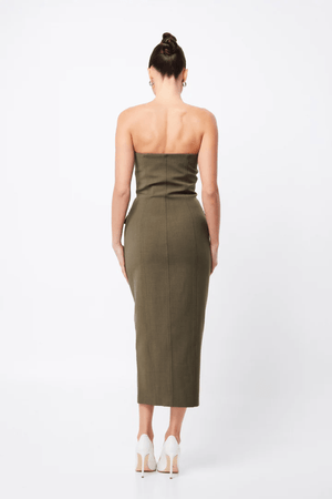 Low Profile Midi Dress Khaki by Mossman – A chic, strapless utility-inspired midi with exposed zip, front pockets, and back split, perfect for modern, versatile styling.