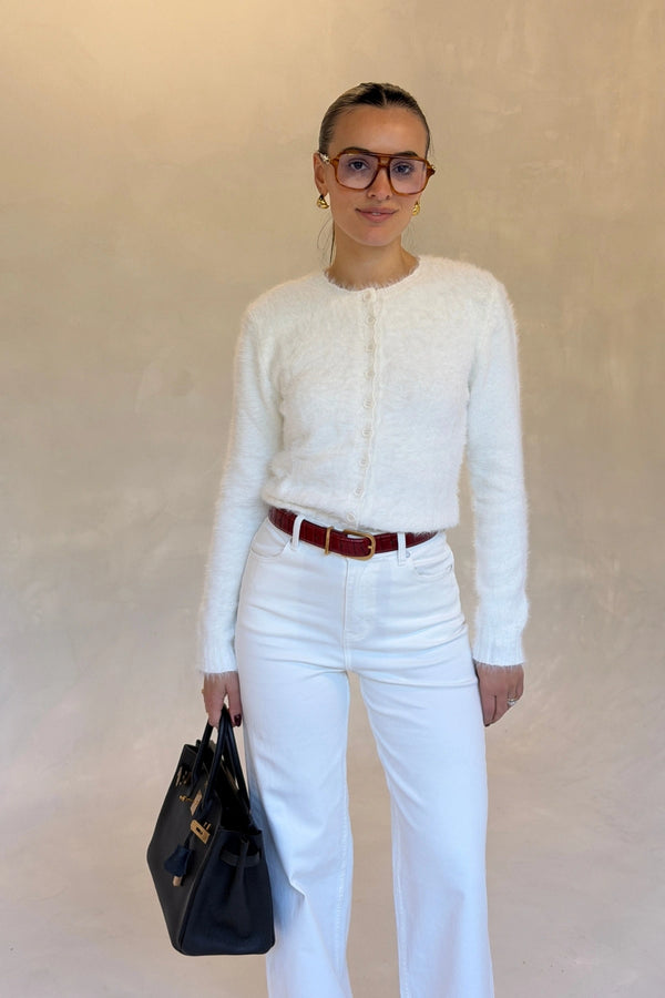 Kai Cardigan White by Sneaky Link, fluffy button up knit cardigan, perfect for cozy everyday winter outfits