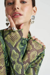 Mesh LS Rouched Skivvy Viper by Summi Summi, sheer ruched long sleeve top, perfect for layering or night styling