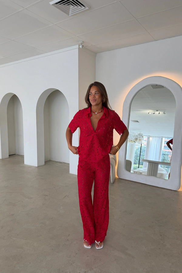 Lucy V-Neck Shirt Red by Sneaky Link, a sheer floral lace button-down shirt with relaxed fit for elevated layering.