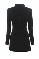 Network Mini Dress Black by Mossman – A sleek, structured LBD with padded shoulders, high neckline, and functional pockets, perfect for day-to-night chic.
