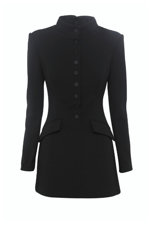 Network Mini Dress Black by Mossman – A sleek, structured LBD with padded shoulders, high neckline, and functional pockets, perfect for day-to-night chic.