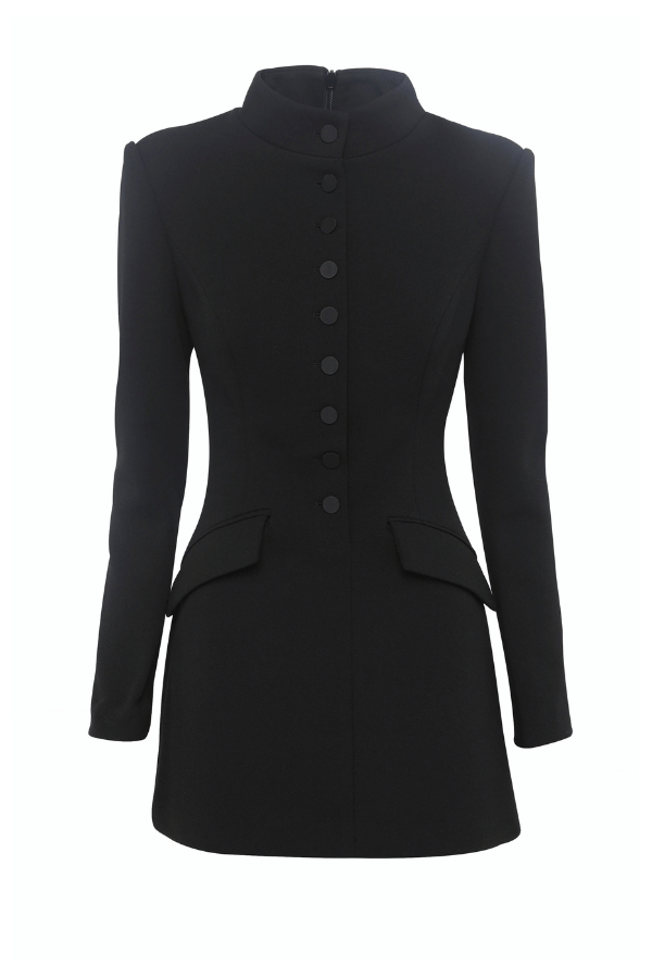 Network Mini Dress Black by Mossman – A sleek, structured LBD with padded shoulders, high neckline, and functional pockets, perfect for day-to-night chic.