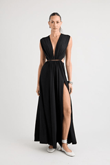 Do For Love Gown Black by Pfeiffer – A trendy, elegant low-plunge maxi with bold hardware and thigh-high split, perfect for special occasions and modern sophistication.