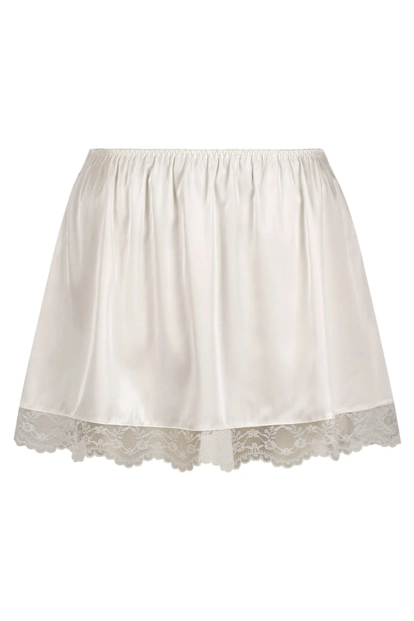 Marilyn Skirt Ivory by Kat The Label, satin mini skirt with lace trim, perfect for bridal or romantic styling