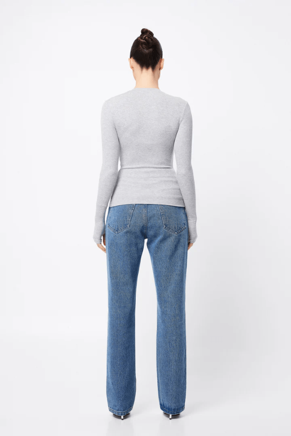 Lyon Cardigan Grey Marle by Mossman, warm double-layer ribbed jersey with round neckline, button front, and thumbhole sleeves, perfect for trendy viral layering and sleek everyday style.