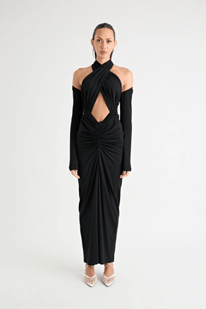 Victoria Maxi Dress Black by Pfeiffer – A sleek, versatile maxi with adjustable halter, removable shrug, and ruching, perfect for elegant, adaptable style.