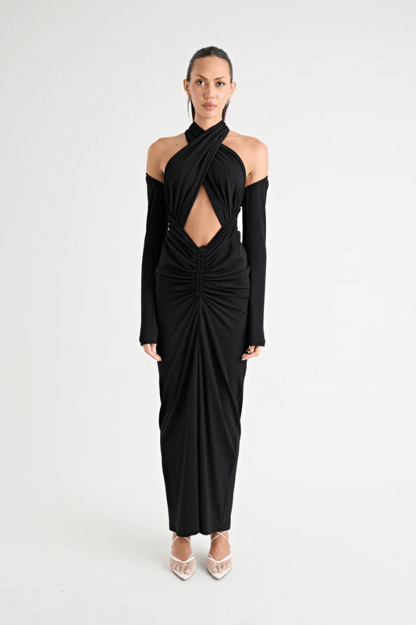 Victoria Maxi Dress Black by Pfeiffer – A sleek, versatile maxi with adjustable halter, removable shrug, and ruching, perfect for elegant, adaptable style.