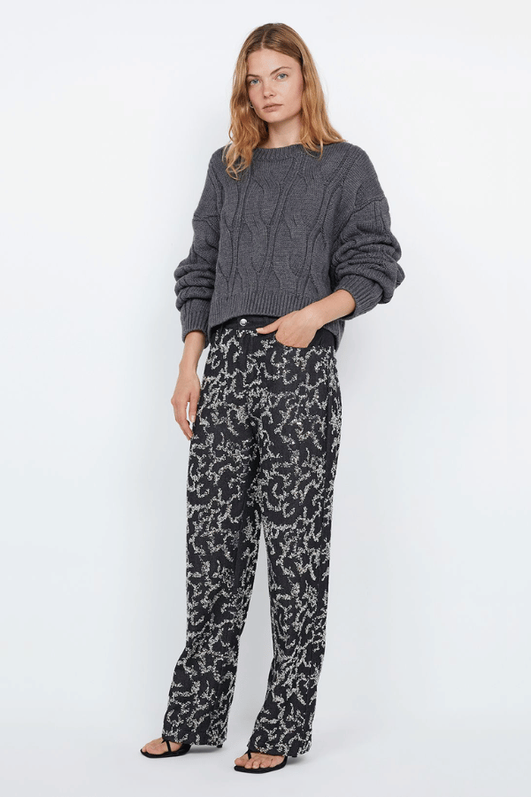 Kinsley Sequin Pant Charcoal Silver by Bec + Bridge, dazzling sequin denim with mid-waist fit, straight leg, and rolled hem, perfect for viral party looks.
