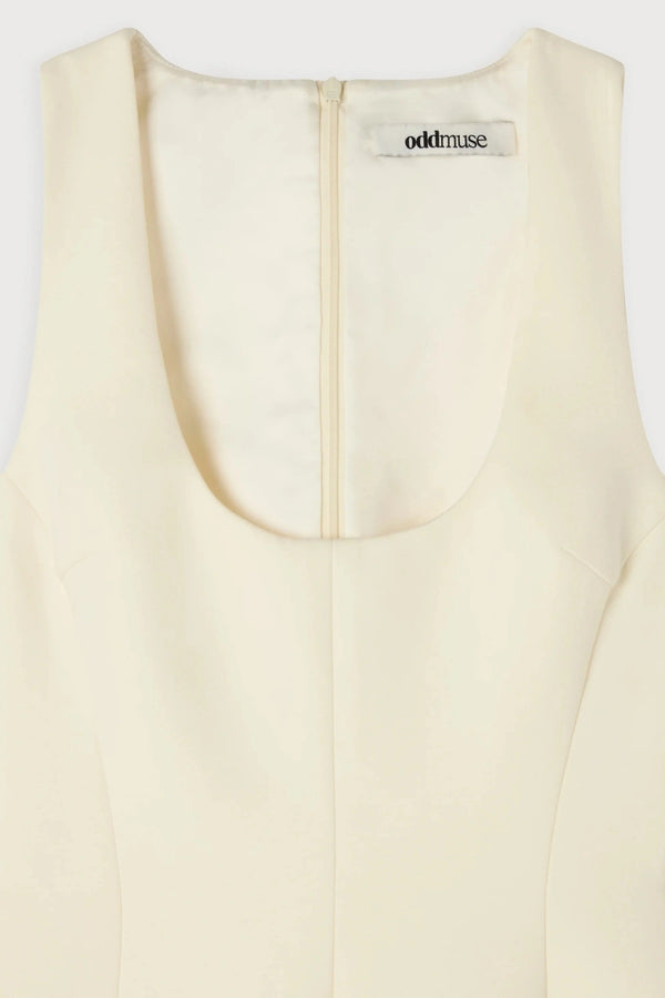 Cotton Mix Volume Mini Dress Ecru by Odd Muse, structured mini dress with cinched waist and volume skirt