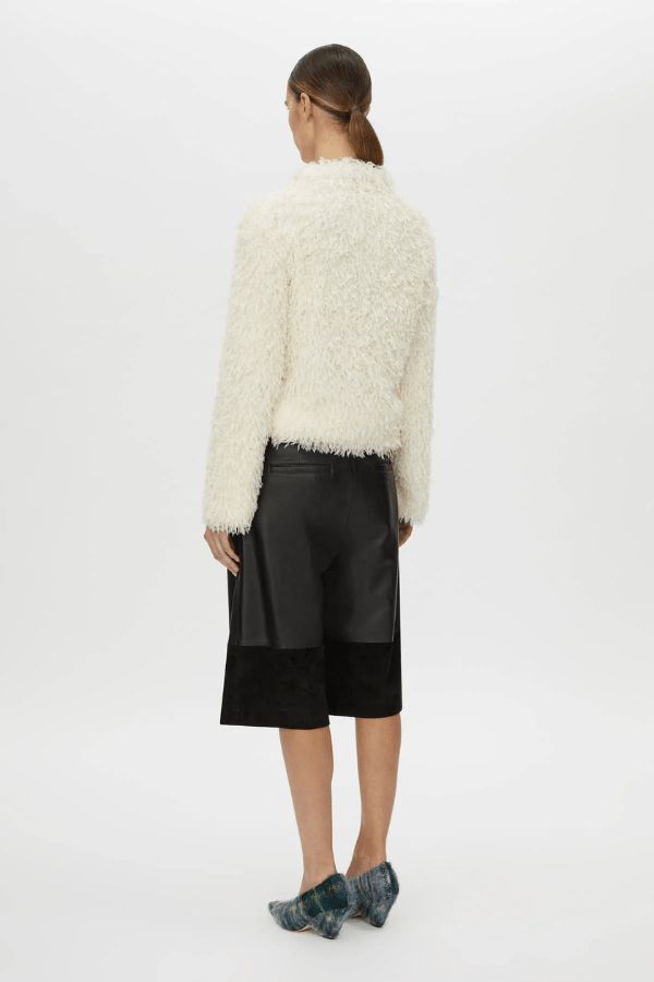 Frieze Mini Dress Cream by Camilla and Marc – Trendy mini with mock neck, removable scarf, and flared extra-long sleeves; perfect for chic day-to-night style.