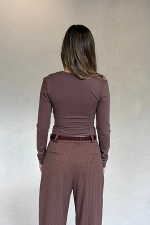 Aria V Neck Long Sleeve Chocolate by Sneaky Link, slimming stretch long sleeve top for elevated everyday wear