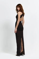 Layla Dress in Chocolate by Effie Kats, a maxi mesh dress with halter neckline, open back, and ruched body for a sculpted, elegant silhouette.