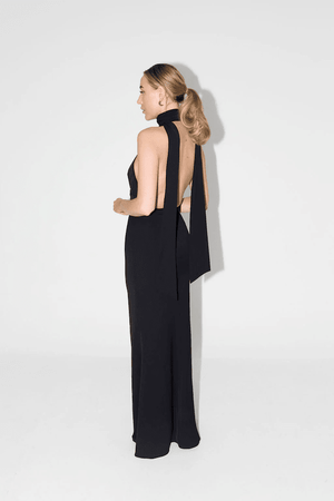 The Ultimate Muse Tie Neck Maxi Dress Black by Odd Muse – A trendy maxi with a romantic V-neckline, draped shoulders, and low back, perfect for bridal parties and elegant celebrations.