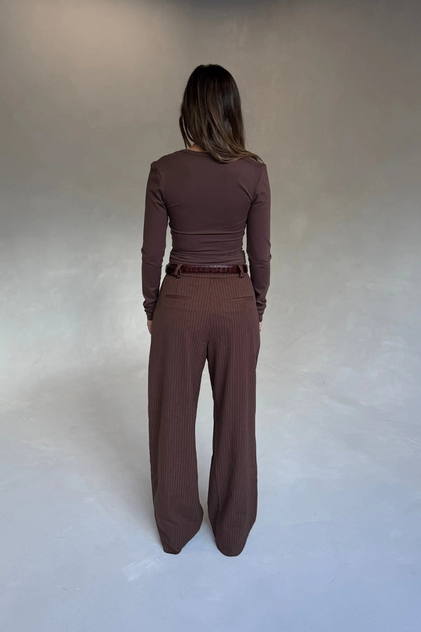 Aria V Neck Long Sleeve Chocolate by Sneaky Link, slimming stretch long sleeve top for elevated everyday wear