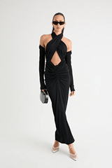 Victoria Maxi Dress Black by Pfeiffer – A sleek, versatile maxi with adjustable halter, removable shrug, and ruching, perfect for elegant, adaptable style.