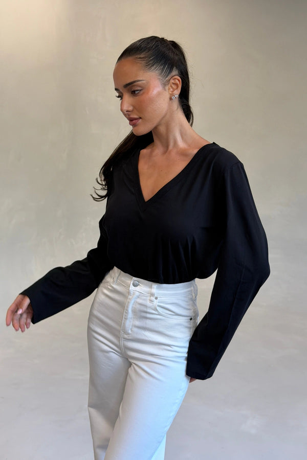 Carter V Neck Long Sleeve Top in Black by Sneaky Link, cotton V-neck long sleeve top for effortless everyday layering.
