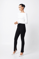 Camden Top Off White by Mossman, soft double-layered ribbed jersey with boat neckline and thumb sleeves, perfect for trendy layering and chic day-to-night looks.