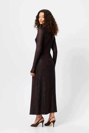 Siren Midi Dress Snake Print by Mossman, sheer mesh midi dress with long sleeves, perfect for statement evening styling