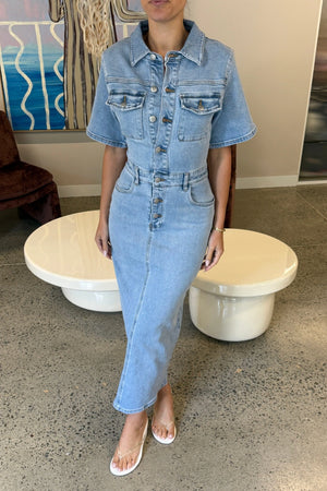 Katrina Denim Midi Dress in Light Blue Wash by Sneaky Link, stretch denim dress with cinched waist and button-up front.