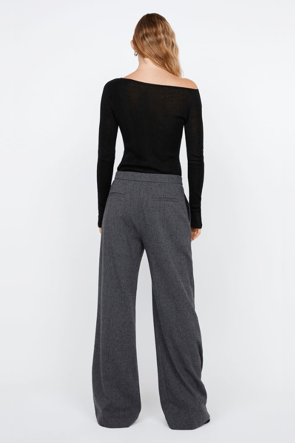 Shae Oversized Pant Charcoal by Bec + Bridge, wide-leg embroidered herringbone suiting with pleat detail, relaxed mid-low waist fit, perfect for work or casual chic.