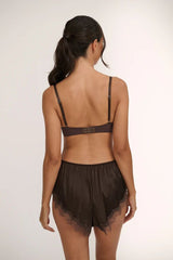 Sorrento Underwire in Espresso by Kat the Label, supportive satin underwire bra with eyelash lace detailing, perfect for offering comfort and timeless elegance.