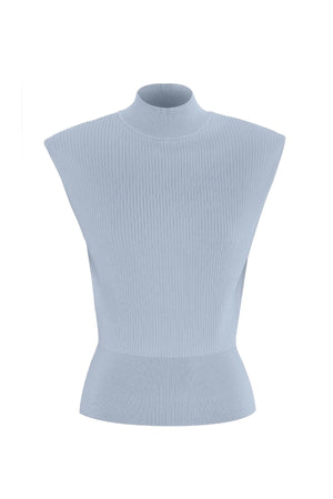 Quiet Force Top by Mossman in sky blue, ribbed sleeveless turtleneck with removable shoulder pads for sleek everyday styling.
