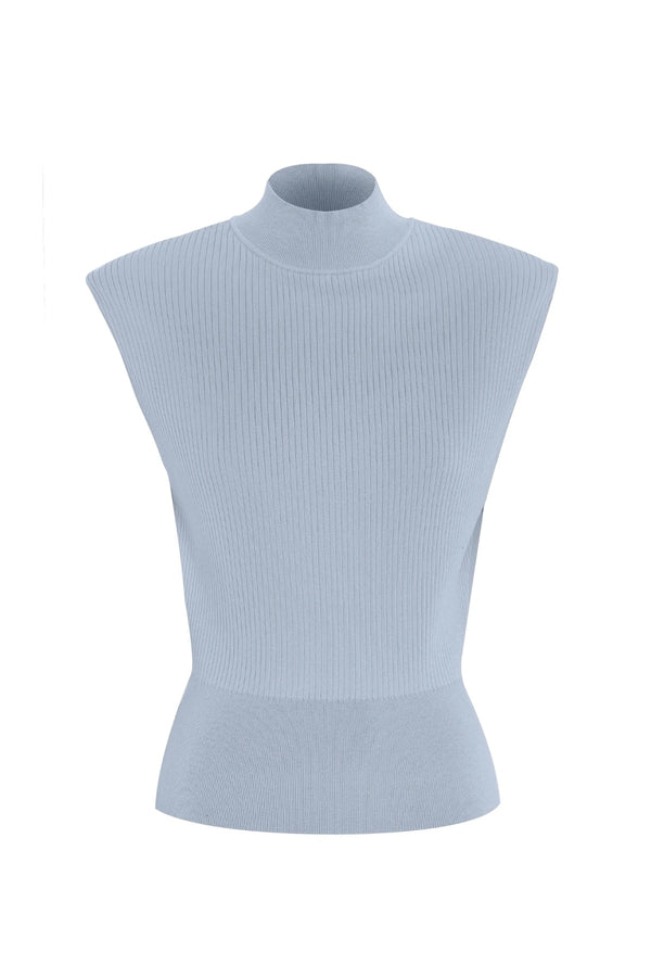 Quiet Force Top by Mossman in sky blue, ribbed sleeveless turtleneck with removable shoulder pads for sleek everyday styling.
