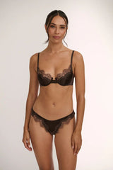 Sorrento Thong in Espresso by Kat the Label, high-cut satin thong with eyelash lace detailing and sheer mesh back, perfect for pairing with the Sorrento Underwire for an elegant, sultry look.