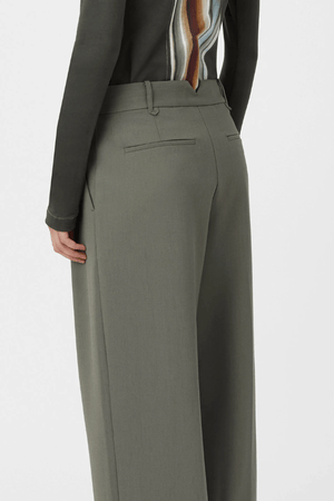 Annick Pant Sacramento Green by Camilla and Marc, double-pleated with a mid-low waist and pressed creases, perfect for modern tailoring or chic office dressing.