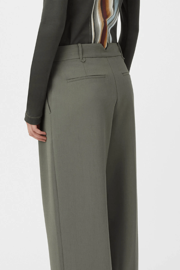 Annick Pant Sacramento Green by Camilla and Marc, double-pleated with a mid-low waist and pressed creases, perfect for modern tailoring or chic office dressing.