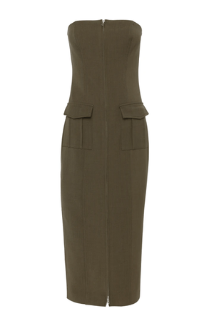 Low Profile Midi Dress Khaki by Mossman – A chic, strapless utility-inspired midi with exposed zip, front pockets, and back split, perfect for modern, versatile styling.