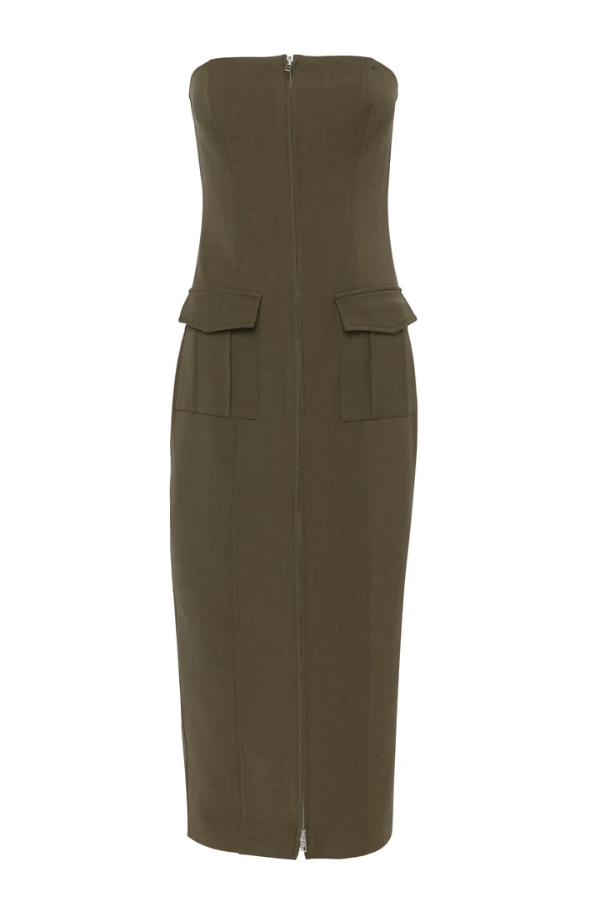 Low Profile Midi Dress Khaki by Mossman – A chic, strapless utility-inspired midi with exposed zip, front pockets, and back split, perfect for modern, versatile styling.