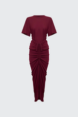 Niko Maxi Dress Burgundy by Pfeiffer – Trendy relaxed T-shirt maxi with adjustable side ruching, crew neck, and breathable cotton blend, perfect for elevated off-duty style and everyday comfort.