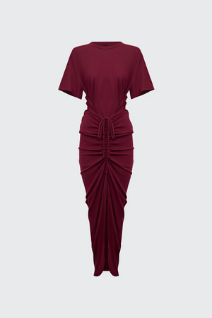 Niko Maxi Dress Burgundy by Pfeiffer – Trendy relaxed T-shirt maxi with adjustable side ruching, crew neck, and breathable cotton blend, perfect for elevated off-duty style and everyday comfort.