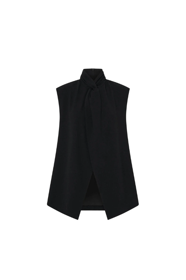 Oriole Twist Neck Top in Black by Camilla and Marc, twist neck design with button-loop closure, invisible zip at the back, fully lined for structure, crafted from 100% recycled polyester.