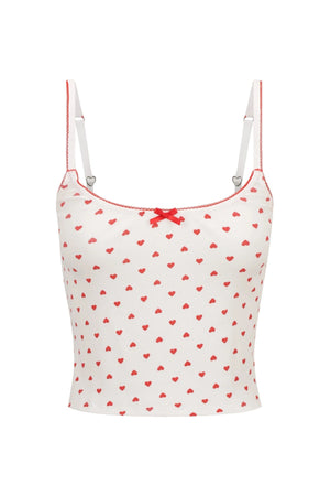 Hugo Singlet by KATH The Label, soft ribbed cotton with red heart print and bows. Perfect for lounging, layering, or sleepwear.