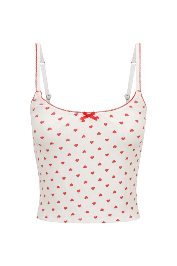 Hugo Singlet by KATH The Label, soft ribbed cotton with red heart print and bows. Perfect for lounging, layering, or sleepwear.
